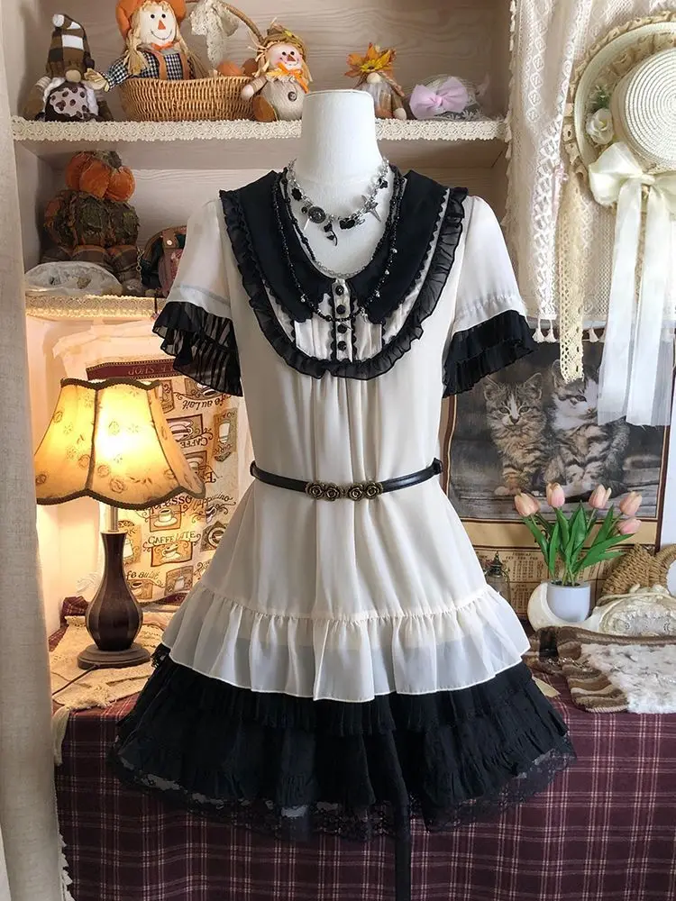 Japanese Vintage Color Block Chiffon Ruffle Collar Bow Blouse Black Mini Skirt 2 Piece Set Women Loose Fit Summer Wear Outfit