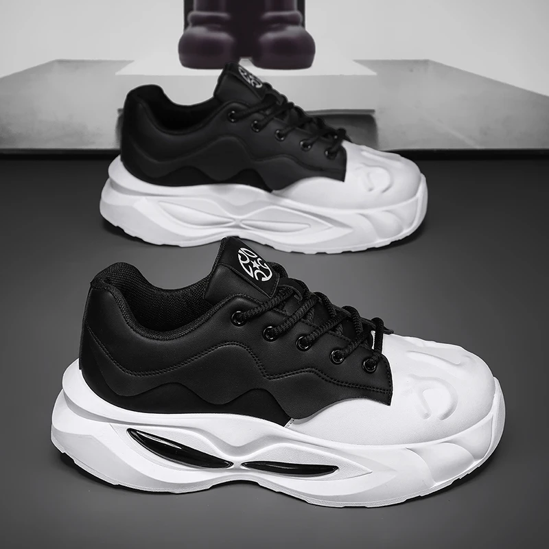 

New Men Designer Soft Sole Sport Shoes Fashion Casual Microfiber Leather Platform Sneakers Upper Height Increased Platform Shoes