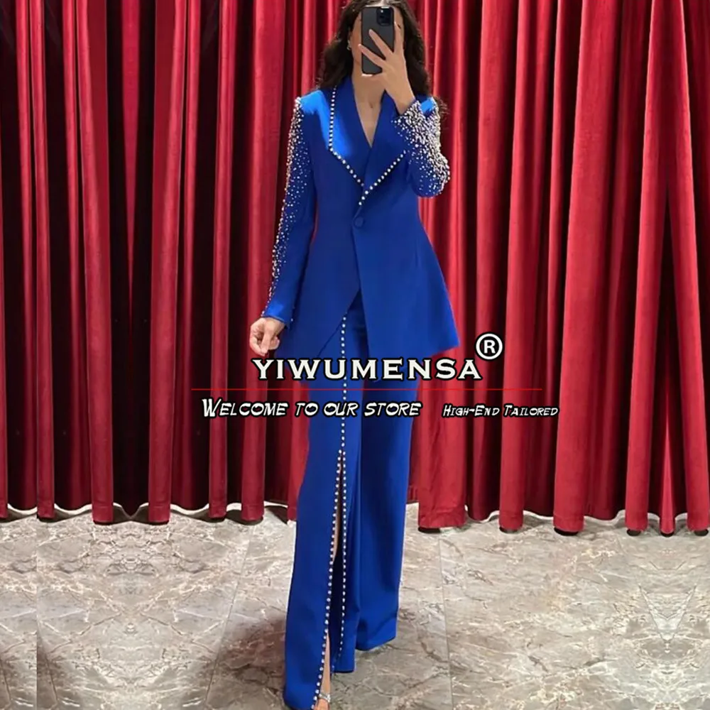 Blazer azul con cuentas y perlas para mujer, traje de 2 piezas, ropa Formal de fiesta, chaqueta de un solo pecho, vestidos de madre hechos a medida