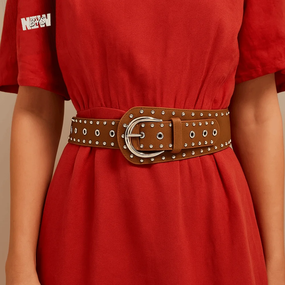 العصرية خمر برشام حزام جلد رصع تصميم بولي Leather جلد المرأة حزام خصر Y2k نمط فستان الجينز حزام الشارع الشهير