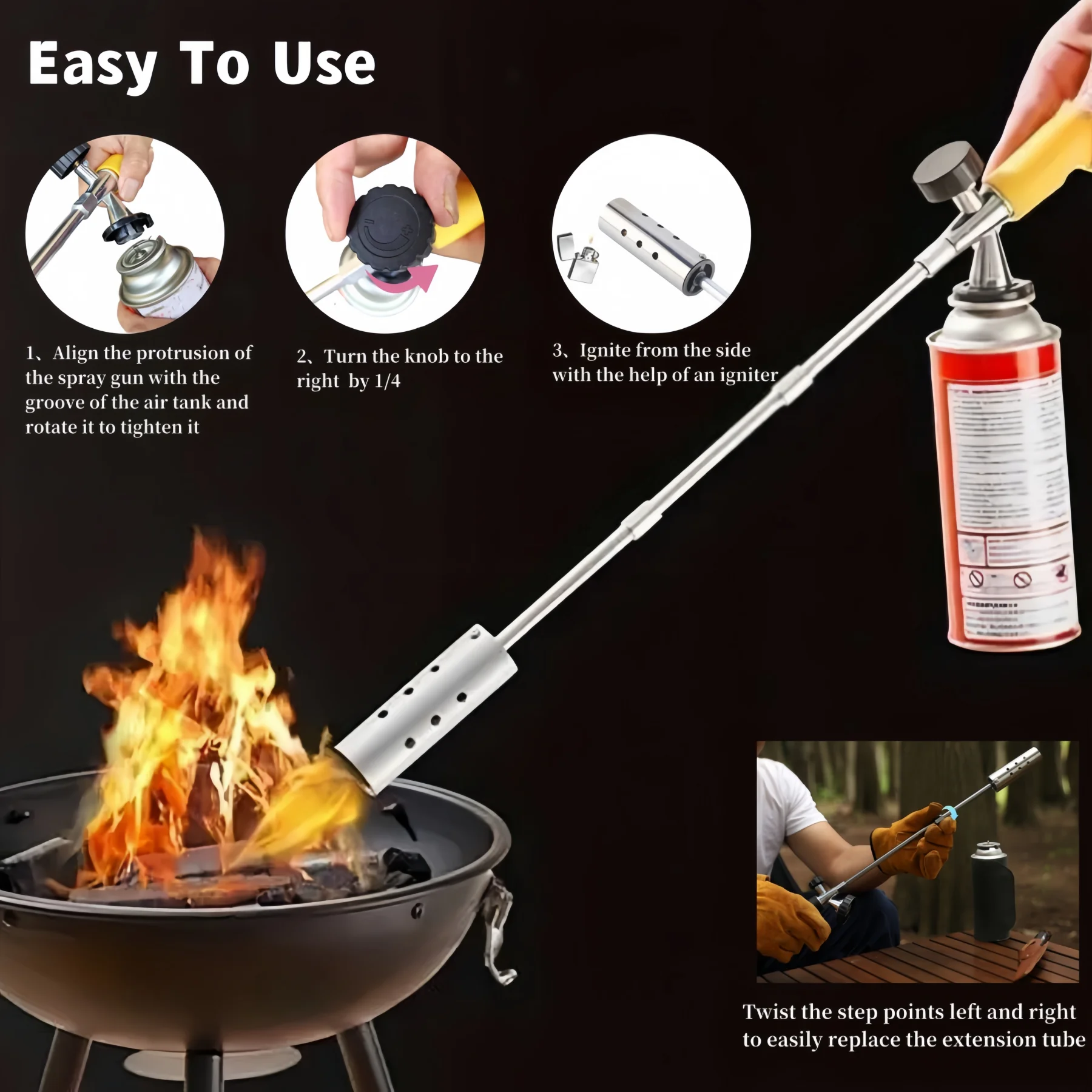 Antorcha de Gas de tubo desmontable, tubo grueso de quemador de acero inoxidable, soplete de butano para hornear hierba, quemador de Gas de encendido y encendido, 1 ud.