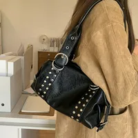 Fashion rivet women Shoulder Bag PU leather Hot girl motorcycle bag bolsa feminina female Underarm Bag ladies big handbag Black - Image 3
