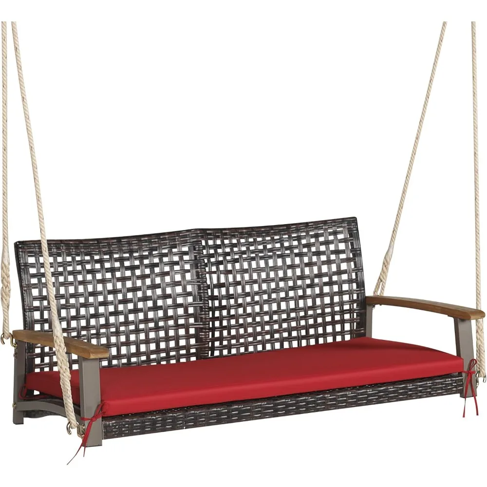 

2 Person PE Wicker Porch Swing Bench, Outdoor Hanging Swing with Soft Seat Cushion and Hanging Ropes(Length of 118" for Each )