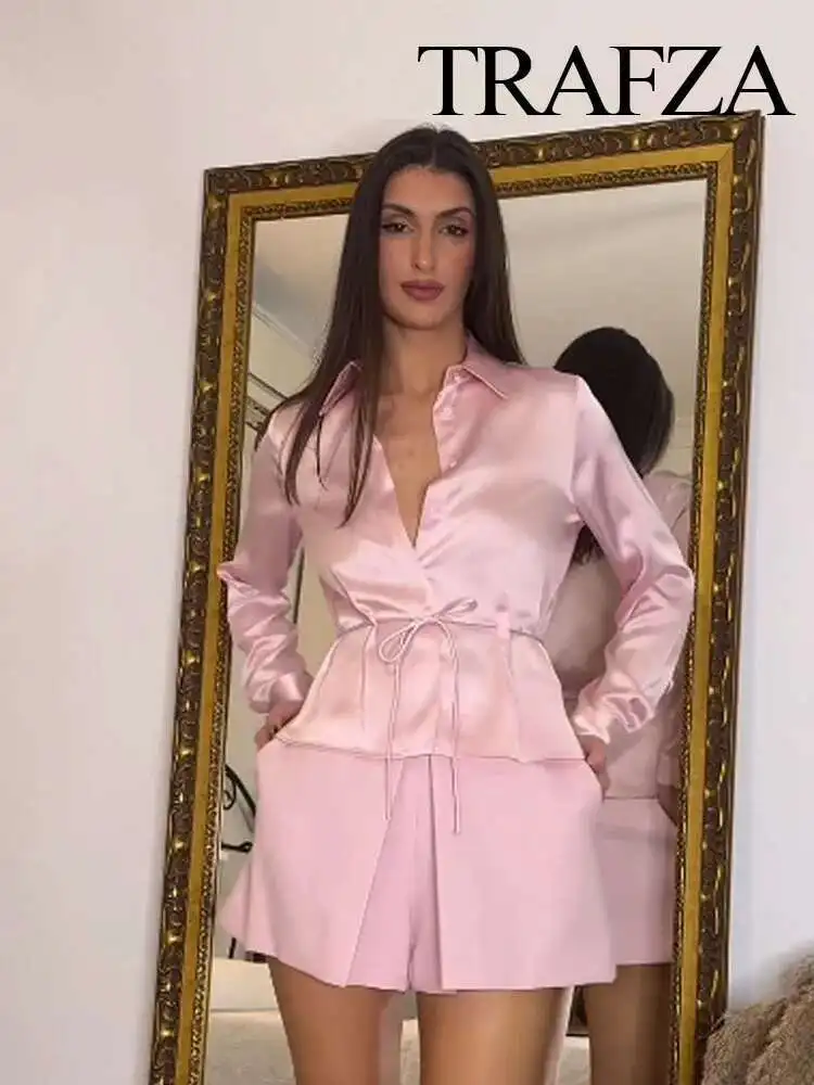 

New Spring Fashion Women Blouses Pink Turn-Down Collar Long Sleeves Lace-Up Decorate Single Breasted Female Casual Shirts