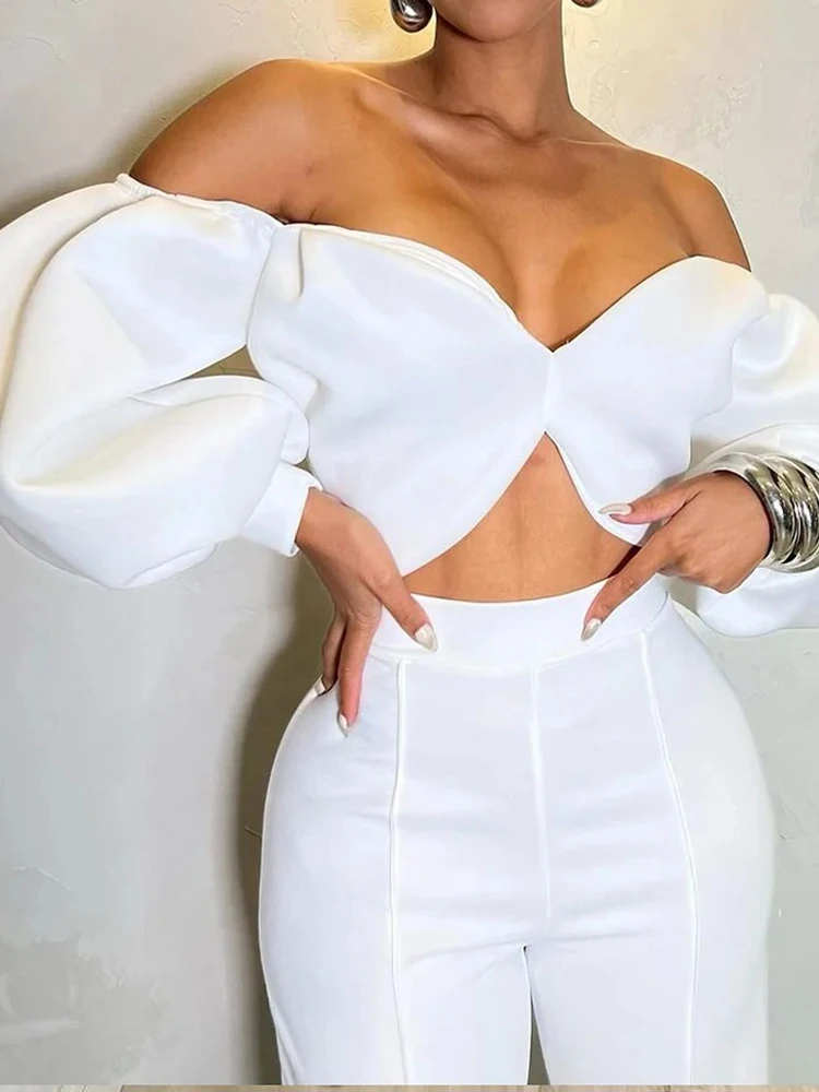 CHICEVER Letni garnitur długi 2-częściowy dla kobiet V Neck Off Shouder Lantern Sleeve Crop Top High Waist Wide Leg Pant Set Female New