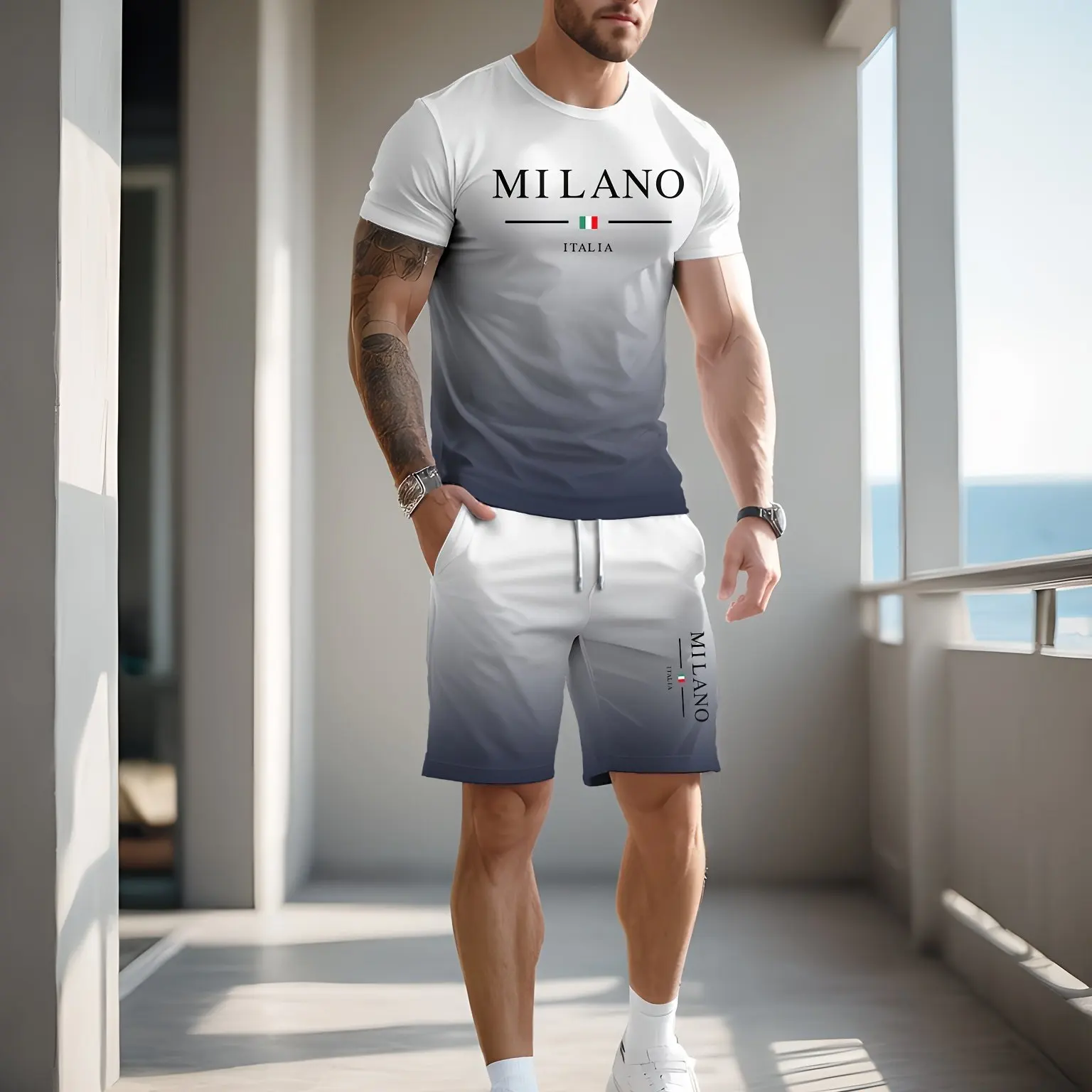 

Fashion Gradient color Sports T-shirt And Shorts 2-piece Set Men's Quick-drying Short Sleeve Tee Side Pocket Drawstring Shorts