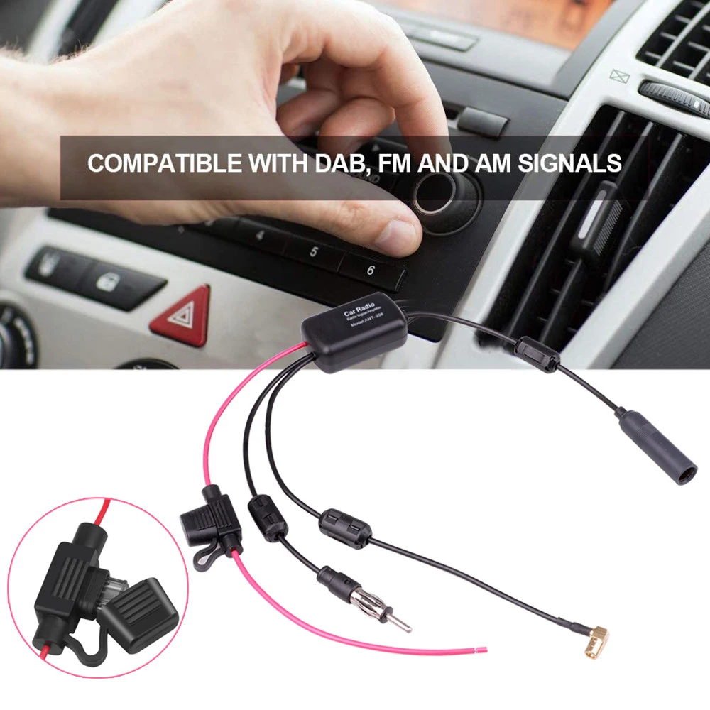 DAB + FM + Car เสาอากาศสเตอริโอเสาอากาศอะแดปเตอร์สายแยก12V penguat sinyal Radio เสาอากาศบูสเตอร์อุปกรณ์เสริมรถยนต์