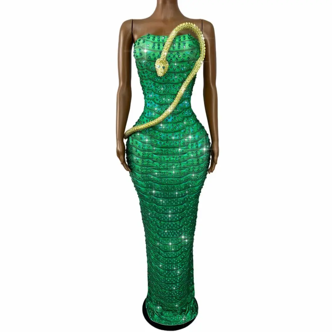 Lvbaoshe Elegant Green Snake Print Rhinestone Bodycon Long Dress Strapless Tube Top 3D Golden Snake Decor Gala Party Outfit