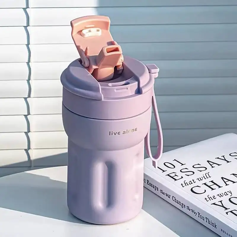 كوب قهوة/زجاجة مياه من الفولاذ المقاوم للصدأ 316 مع كوب، مقبض محمول، قش مزدوج، زجاجة مياه معزولة بسيطة