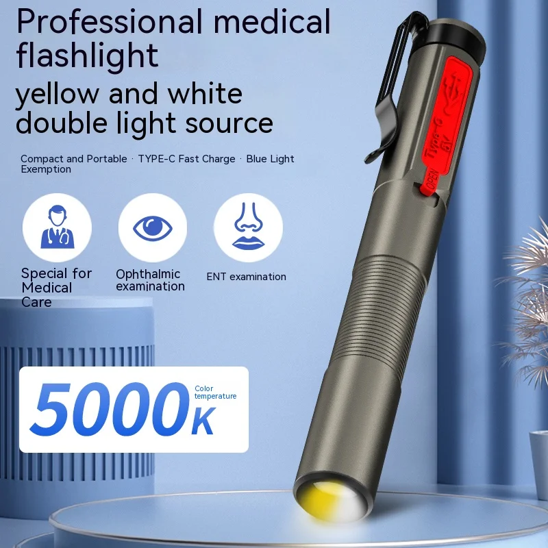 C5 Rechargeable Medical Handy Pen Light Dual Light Source LED Flashlight Mini Pocket Doctor Oral Examination Penlight Clip Lamp