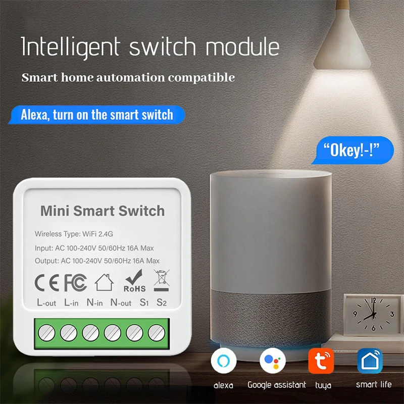 16A MINI Wifi Switch DIY Smart Home 2-way Control Relay Smart LIfe APP Control Remotely Timer Works With Alexa Google Home Alice