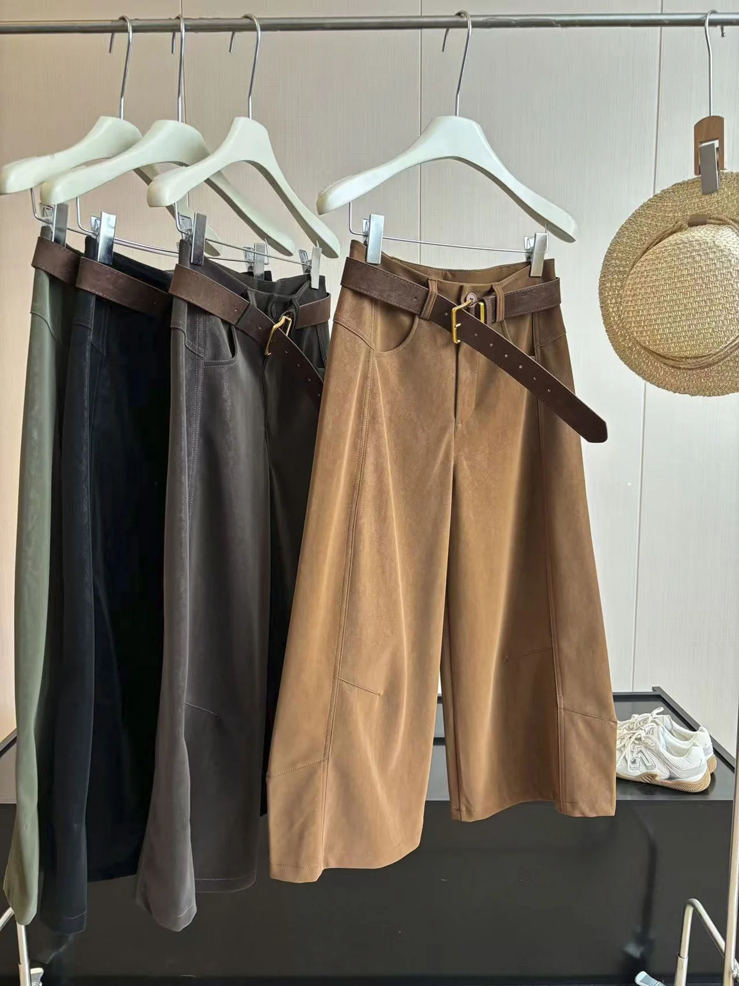Diyi Collectible Si Threaded Ceiling Quality Matte Pu Leather Workwear Wide Leg Seven-Foot Pants for Women Commute Style High...