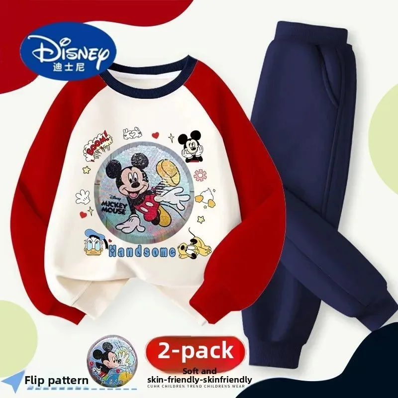 طقم هودي لامع للأولاد مكون من قطعتين من ديزني - طباعة ميكي متغيرة الألوان 2025 زي كرتوني جديد للخريف للأطفال الكبار