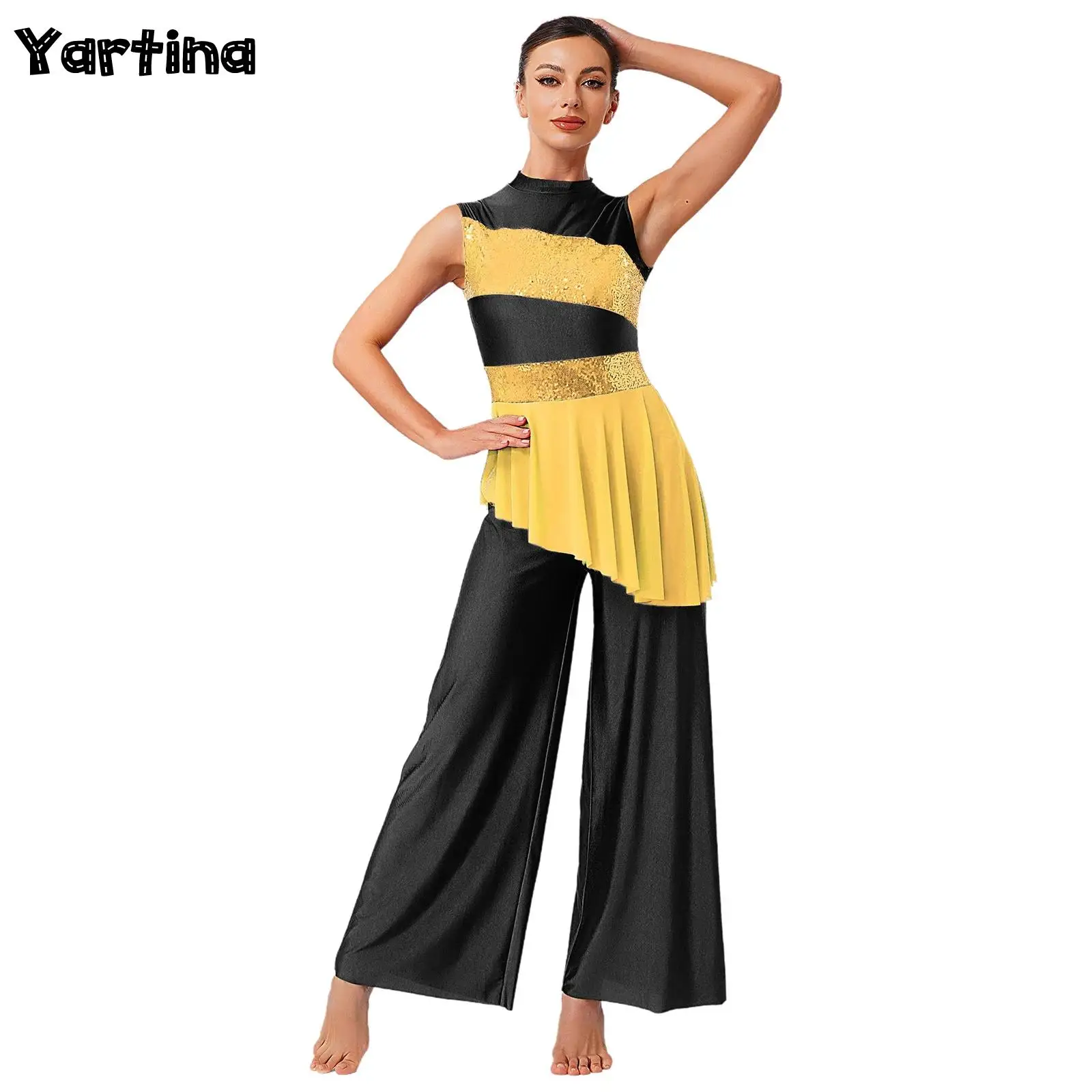 

Women Ballet Lyrical Liturgical Classical Praise Workship Dance Costume Sequined Overlay Back Zipper Contemporary Dance Jumpsuit