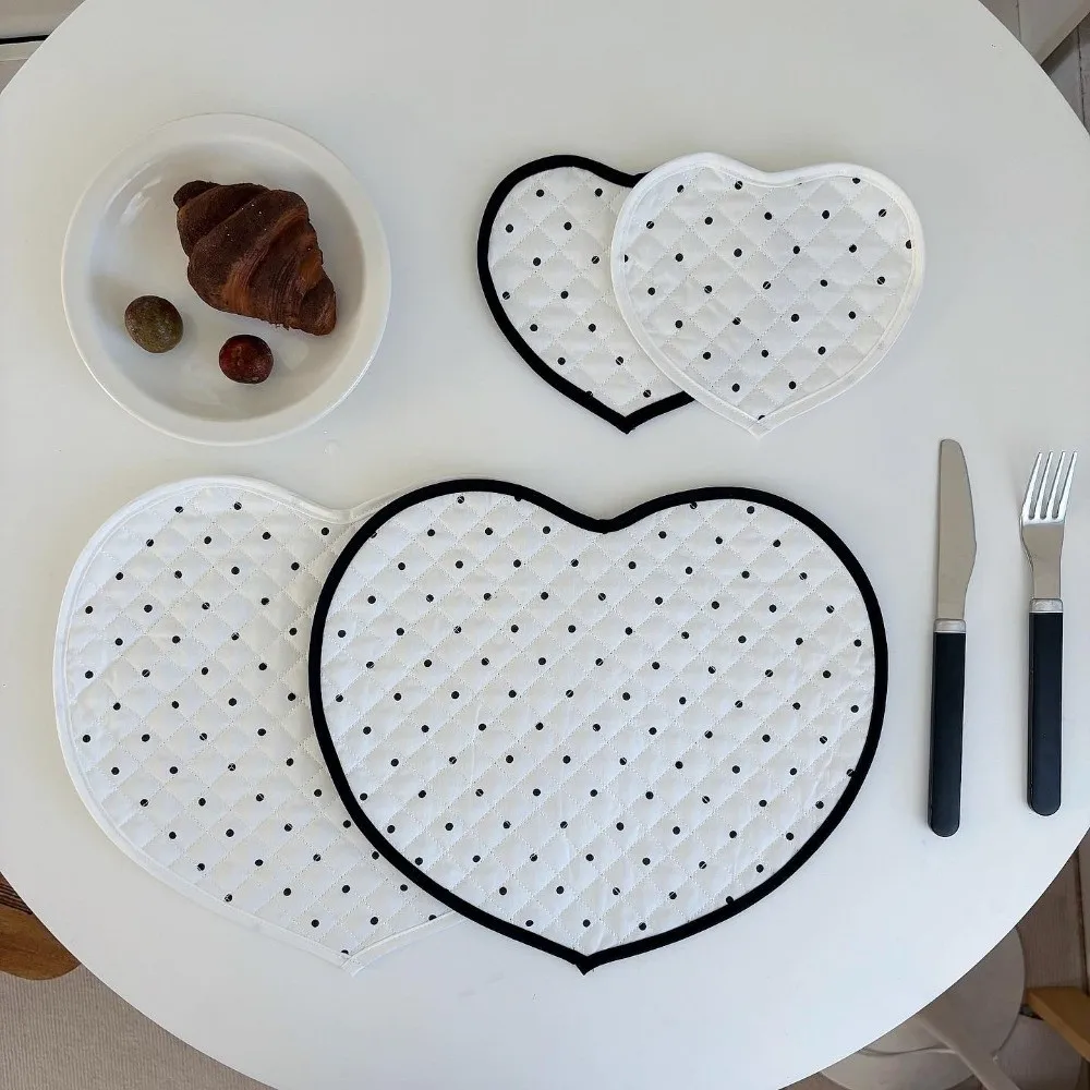 New Polka Dot Heart-shaped Placemats Plaid Cotton Quilted Water Cup Mat Black Decorative Fabric Coaster Home Decor