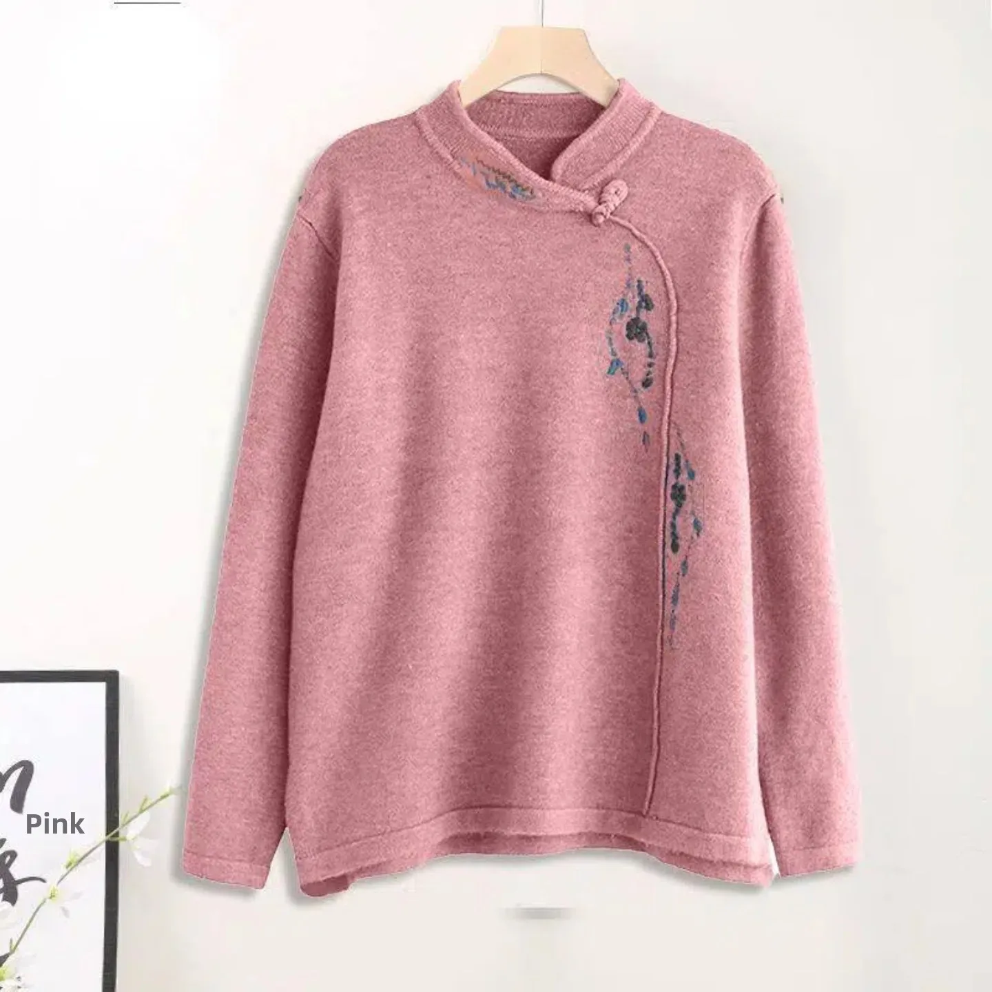 Double-Sided Velvet Long-Sleeve Embroidered T-Shirt Stand Collar Artistic Style Mommy's Clothing Versatile plus Size Winter F...