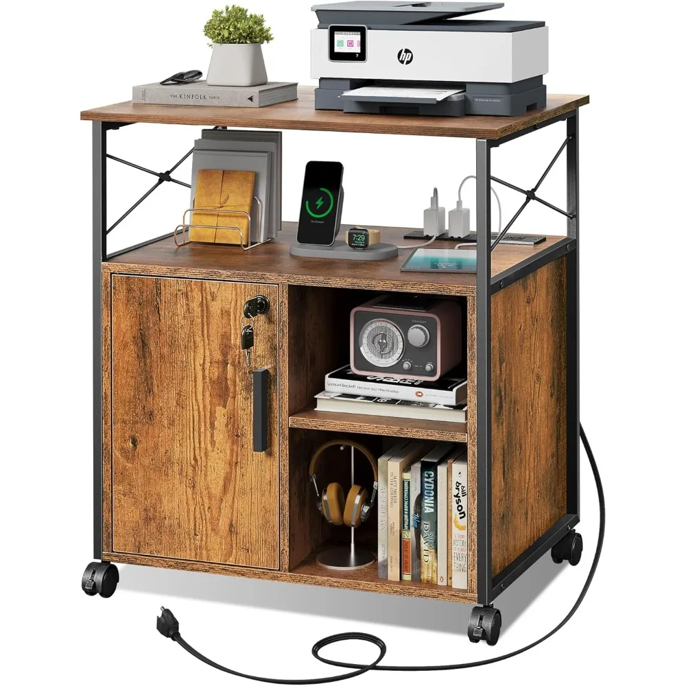

File Cabinet with Charging Station, Lockable Lateral Filing Cabinets for Home Office, Printer Cabinet Accommodates A4/Letter Si