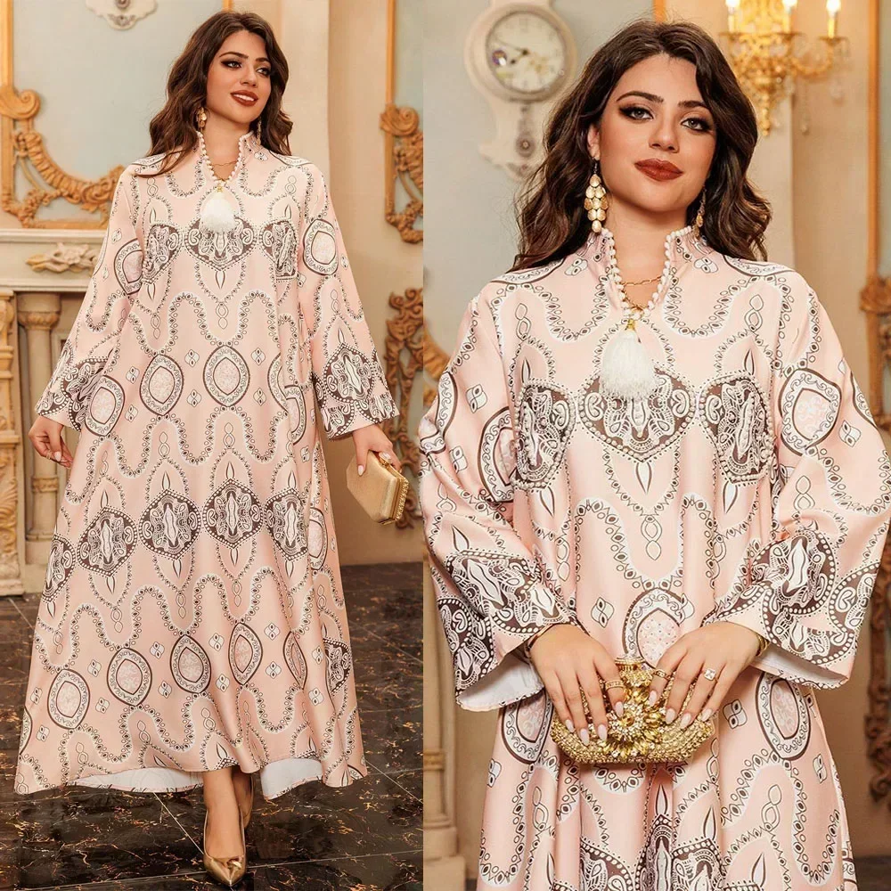 

Ethnic Pearls Flowers Printed Abaya Muslim Women Ramadan Dress Tassels Stand V-neck Jalabiya Loose Kaftan Islam Arab Long Robe