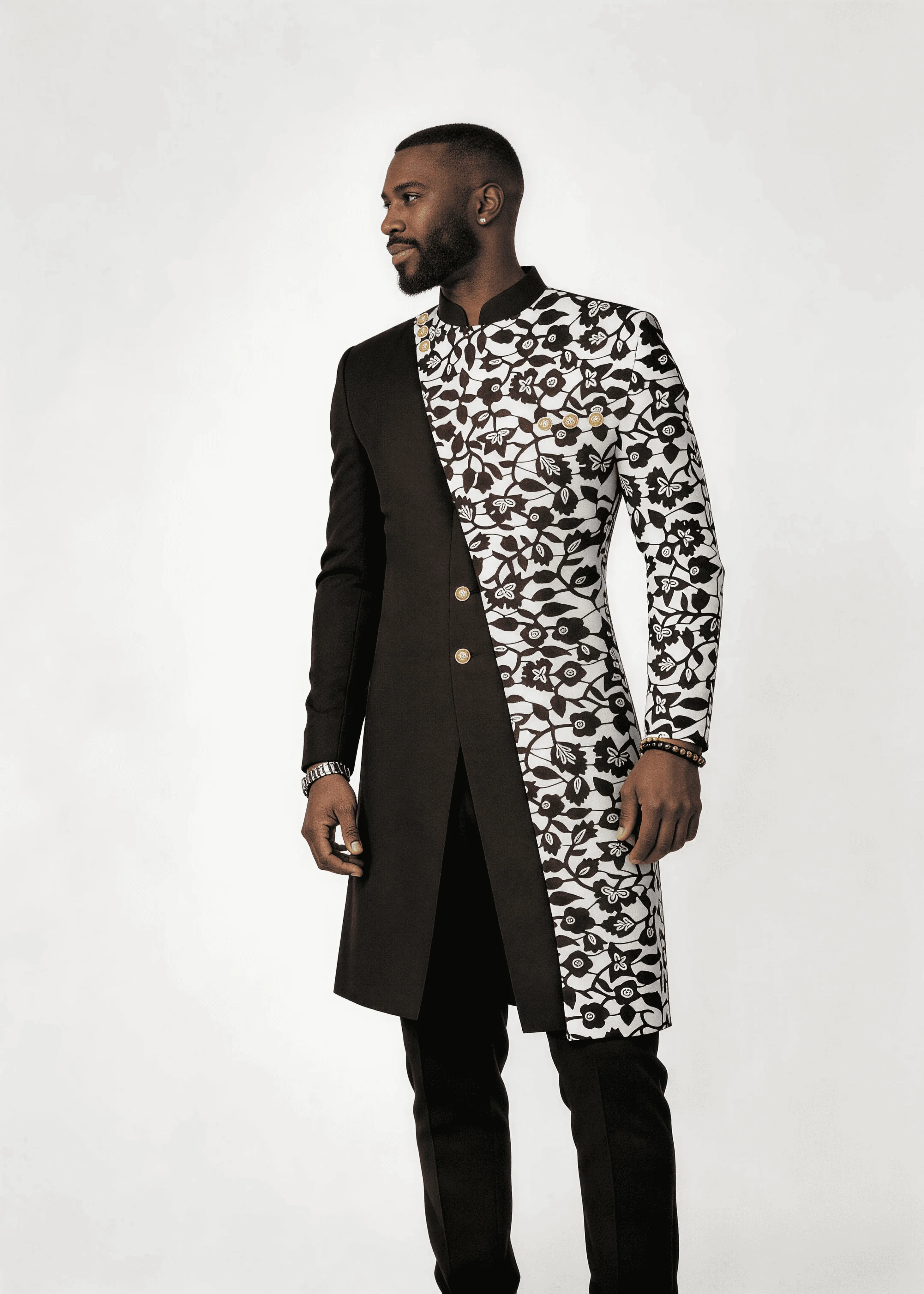 Men’s Black Solid & B&W Floral Patchwork Formal Wear Set Stand Collar 2 Piece Wedding Groom Tunic Jacket & Pants Prom Homecoming