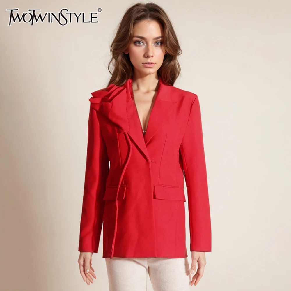 

TWOTWINSTYLE Solid Temperament Blazers For Women Notched Collar Long Sleeve Patchwork Pockets Elegant Blazer Female Fashion New