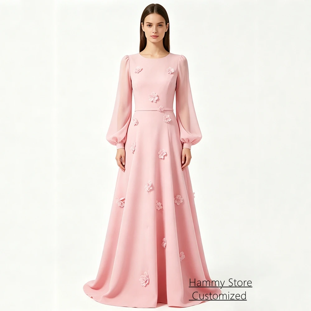 

Flowers Evening Dress Customized Puff Sleeves Round Neck handmade Lace Flowers A Line Sweep Train A Line Wedding Party Gown