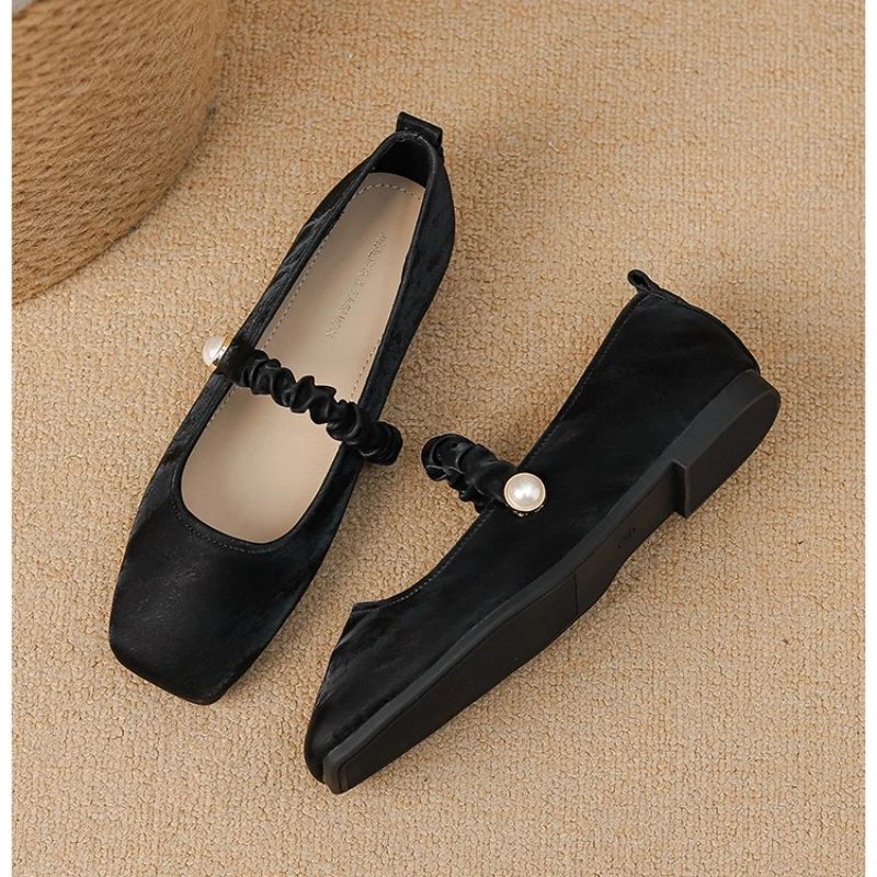 French New Style Sweet Mary Jane Flats Pearl Decorated Slip On Vulcanized Shoes for Women All Seasons