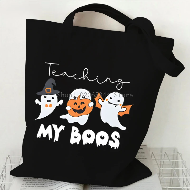 In My Spooky Era Print Tote Bags Women Men Vintage Halloween Ghost Canvas Shopping Bag Teen Hip Hop Spooky Season Shoulder Bags