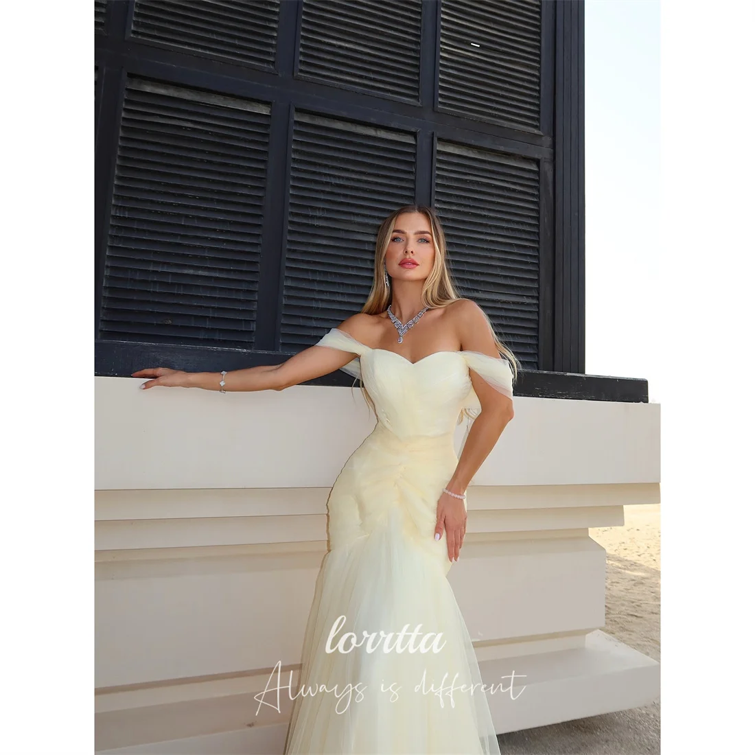 

Lorrtta Tulle Off The Shoulder Yellow Mermaid Evening Dress 2026 Prom Dress Elegant Luxury Wedding Party Ruched Customized