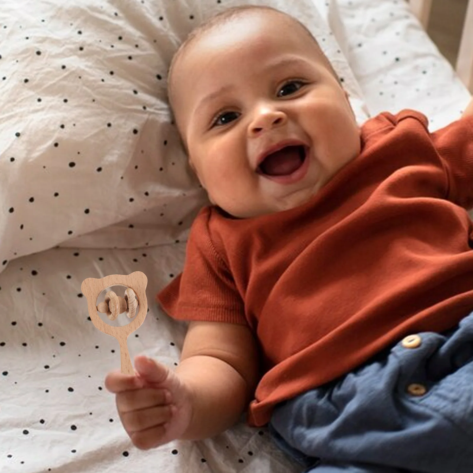 Chocalho seguro feito de madeira maciça suave em gengivas com som suave, ideal para palco de dentição, presente de sino de mão para recém-nascidos
