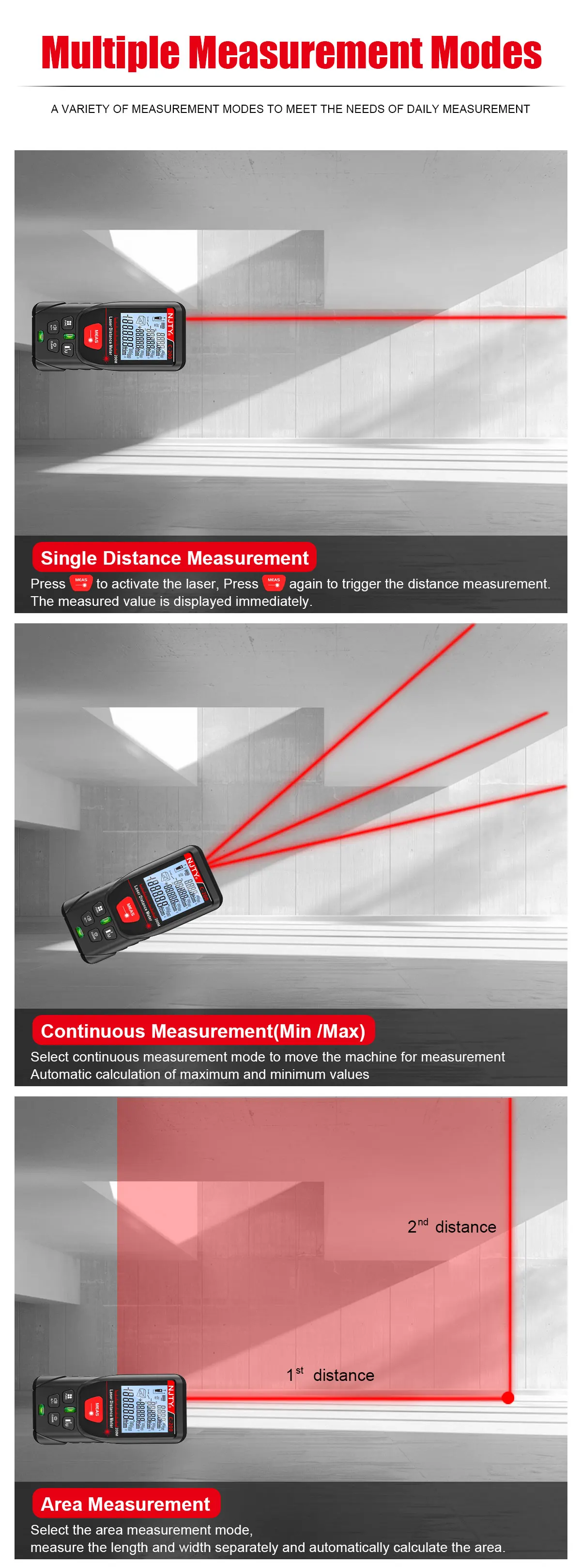 NJTY 50 m 100 m 200 m Lasermessgerät Digitales Handbandmaß ROTER Laser mit tragbarer Tasche Lanyard Datenaufzeichnungen IP54 Entfernungsmesser – Detail 6