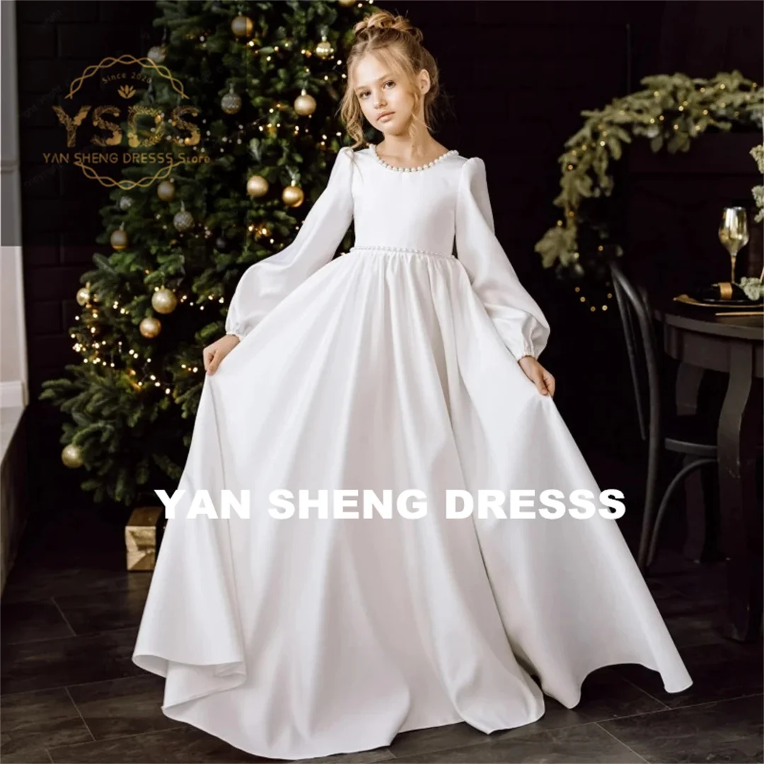 

Lace Elegant Flower Girl Dress For Wedding Tulle Puffy High O-Neck Kids Birthday Party First Communion Ball Gowns New