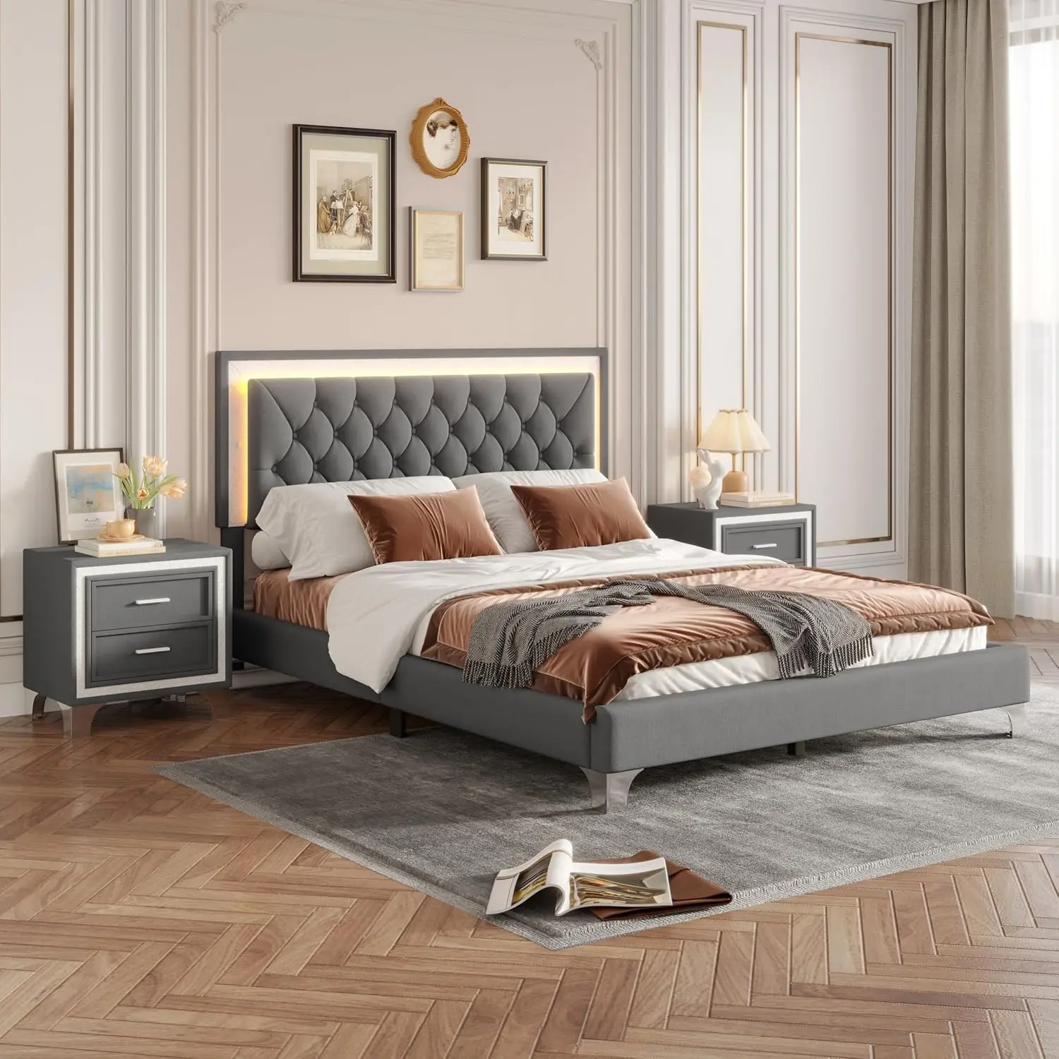 Queen Size Upholstered Platform Bed with LED Lights & 2 Nightstands, Gray, Customized - view 3