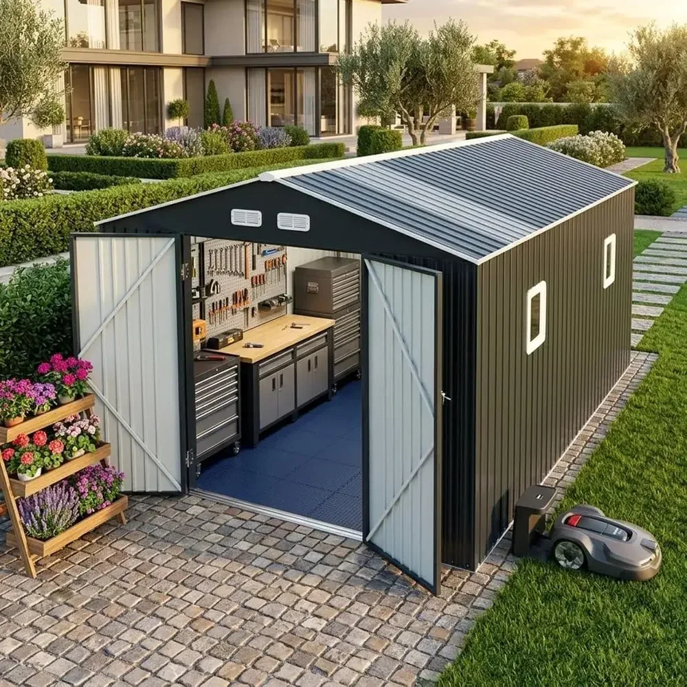 Durable 10x12 Metal Shed Kit with Floor, Reinforced 20-Gauge Steel, 50 PS Load, 120 MPH Wind Resistance, Ideal for Outdoor Stora