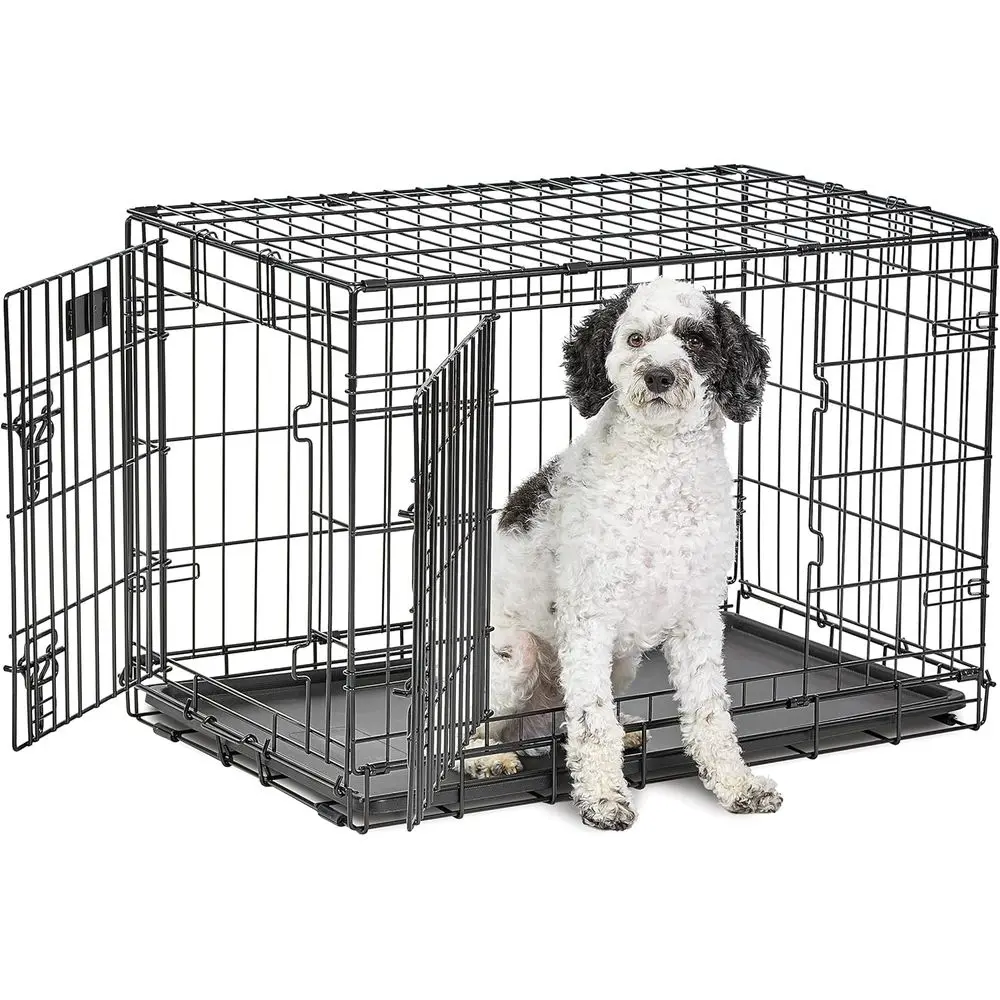 

Medium LieStages Double Door 30-Inch olding Dog Crate, Enhanced Security, Includes Leak-Proo Pan, Divider Panel, Handle, Rubber