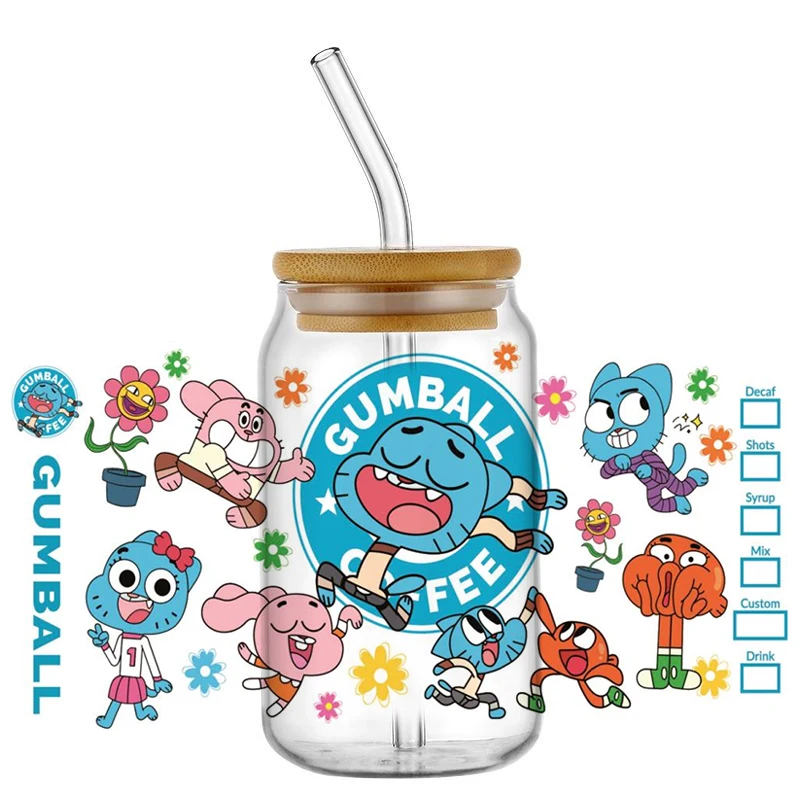 جديد الأشعة فوق البنفسجية DTF كأس التفاف لطيف Gumball نقل ملصقات ثلاثية الأبعاد ل 16 أوقية Libbey الزجاج يمكن بهلوان ذاتية اللصق مقاوم للماء الشارات بالجملة