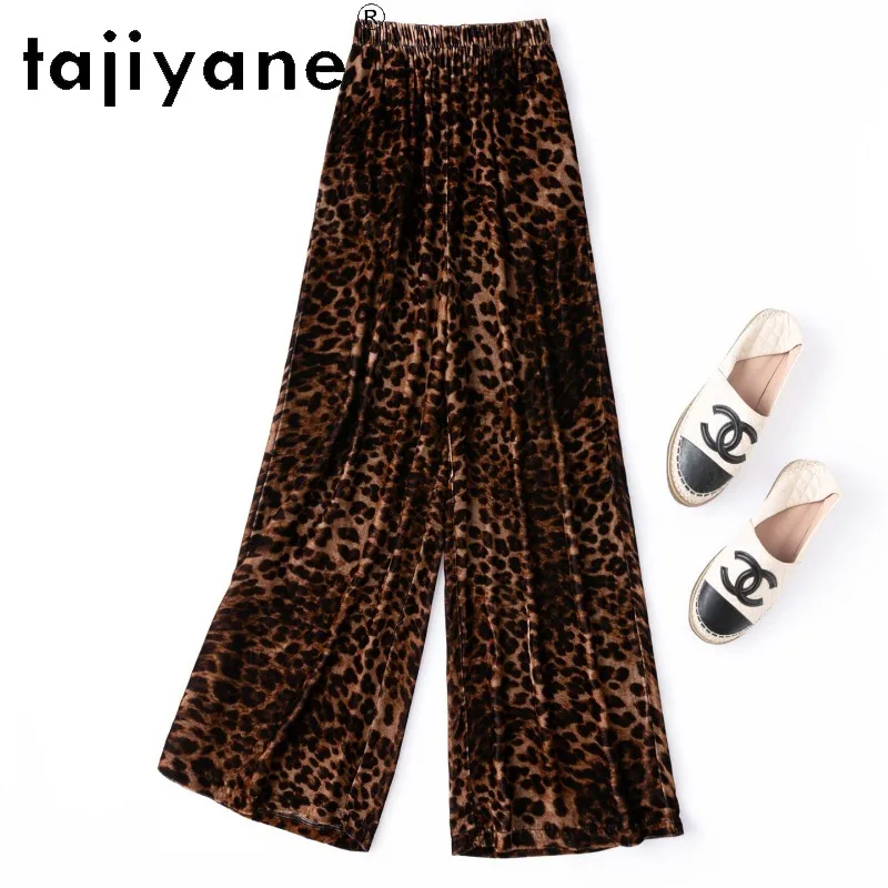 TAJIYANE Real Mulberry Silk Velvet Pants for Woman Vintage Leopard Print Wide Leg Trousers Slim Fit Baggy Pants Skin‑Friendly 바지
