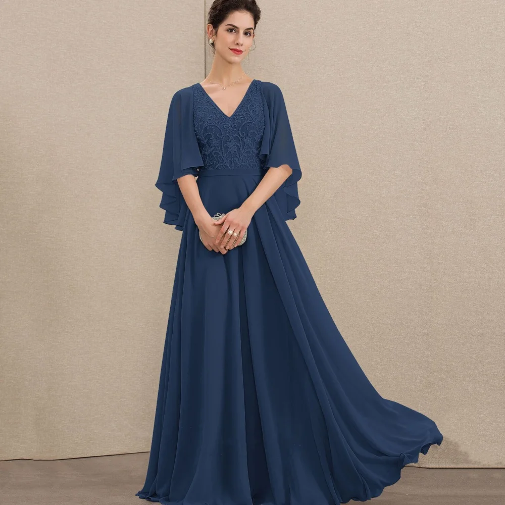 Customized V Neck Mother Dresses A Line Formal Bride Party Dress Lace Floor Length Elegant Occasion Gown robes invitée mariage