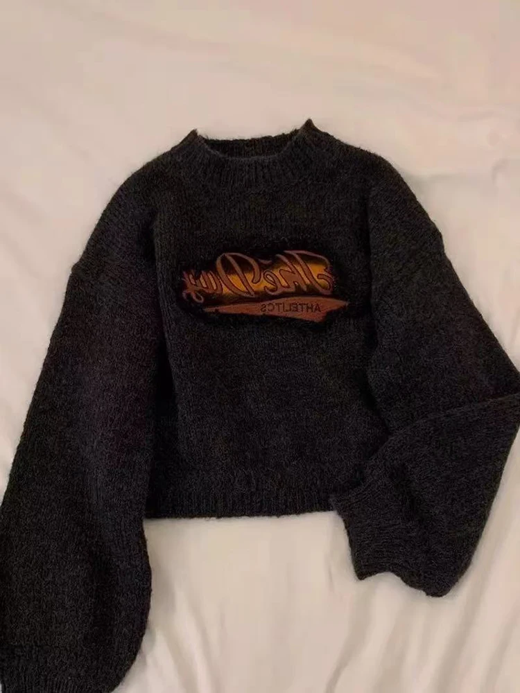 Y2K Vintage Knitted Crop Sweater Women Autumn Winter Thick Warm Female Pullovers Harajuku Loose Streetwear All Match Jumpers