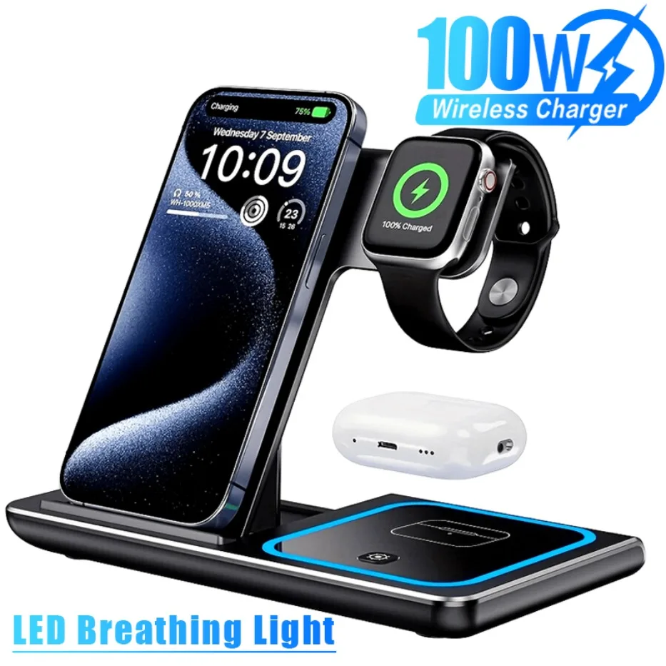 

100W 3 in 1 Night Light Wireless Charger Stand For iPhone 16 15 14 13 12 Apple Watch Airpods Pro Foldable Fast Charging Station