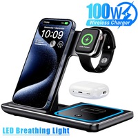 100W 3 in 1 Night Light Wireless Charger Stand For iPhone 16 15 14 13 12 Apple Watch Airpods Pro Foldable Fast Charging Station