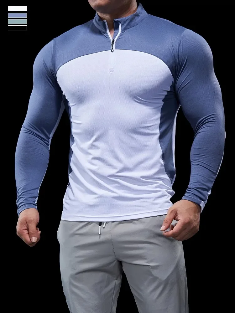 Men Spring Autumn Long-sleeved Tights Fitness Clothes POLO Shirt Half-zip Quick-drying Elastic Sports Thin Running Gym Top