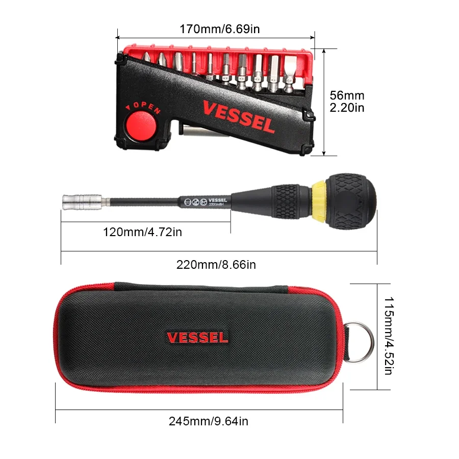 VESSEL - BALL GRIP Ratcheting Interchangeable Screwdriver Drill Bit Set with 11-Piece Set 2200MBH11bag  tools