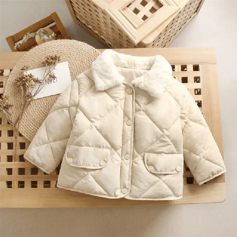 2024 New Winter Children\'s Warm Cotton Jackets Rabbit Fur Collar Coats Baby Short Quilted Jacket Kids Clothes Girl Boy Outerwear