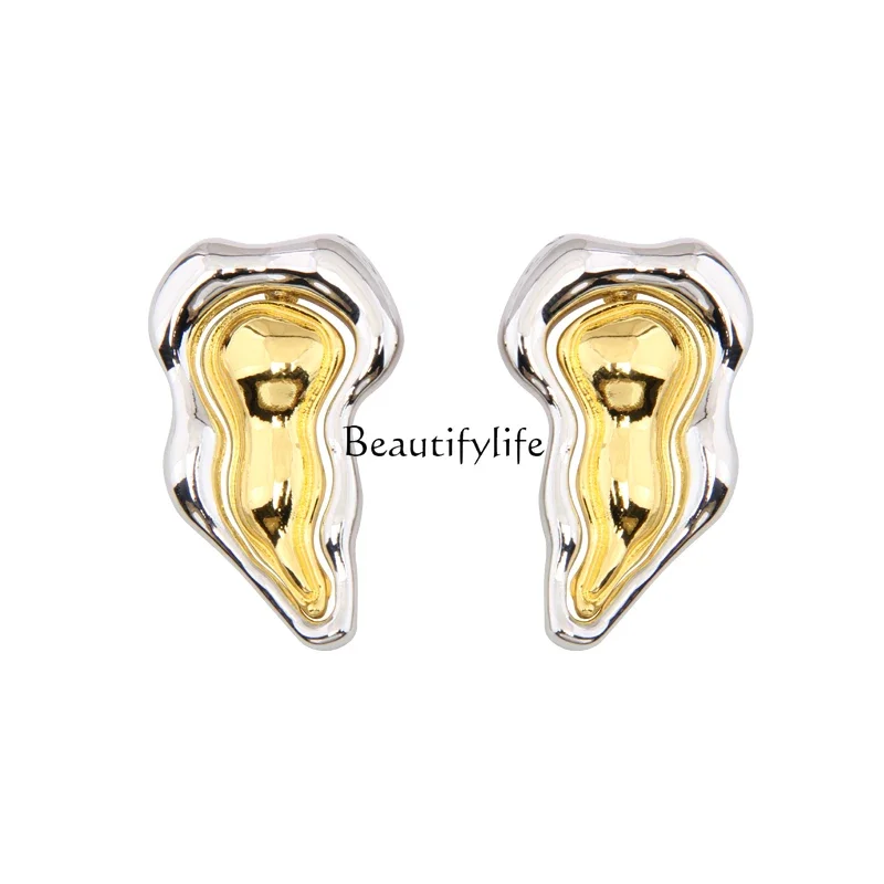 

Gold and silver double spell irregular smooth metal unique earrings minimalist advanced cold wind beautiful stud earrings