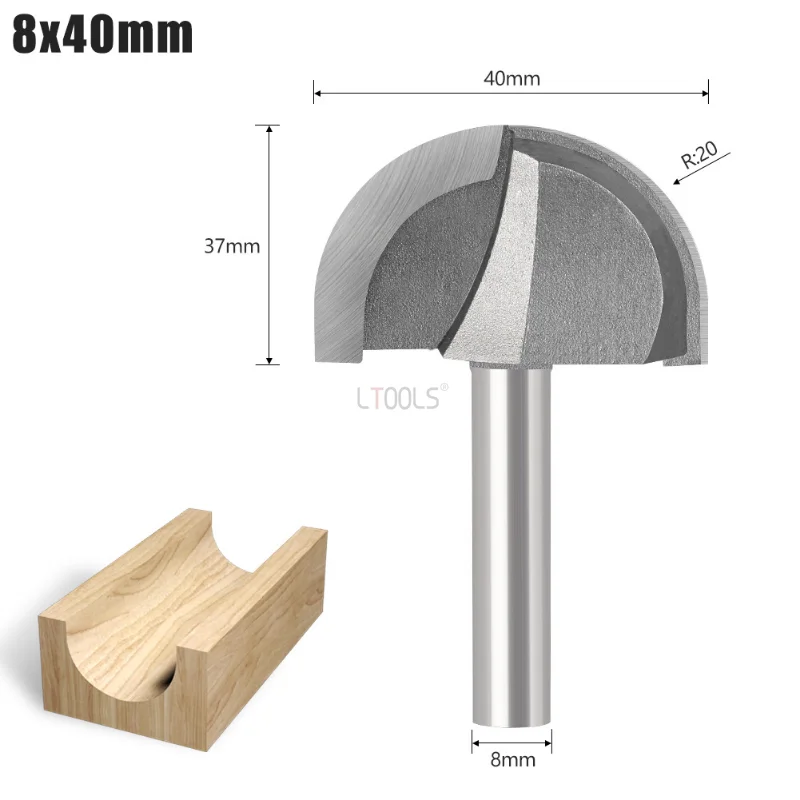 R20 Half Round Milling Cutter 8mm Shank Woodworking Trimming Machine Slotting Drill Bit 40mm Diameter Circular Bottom Slot Bit