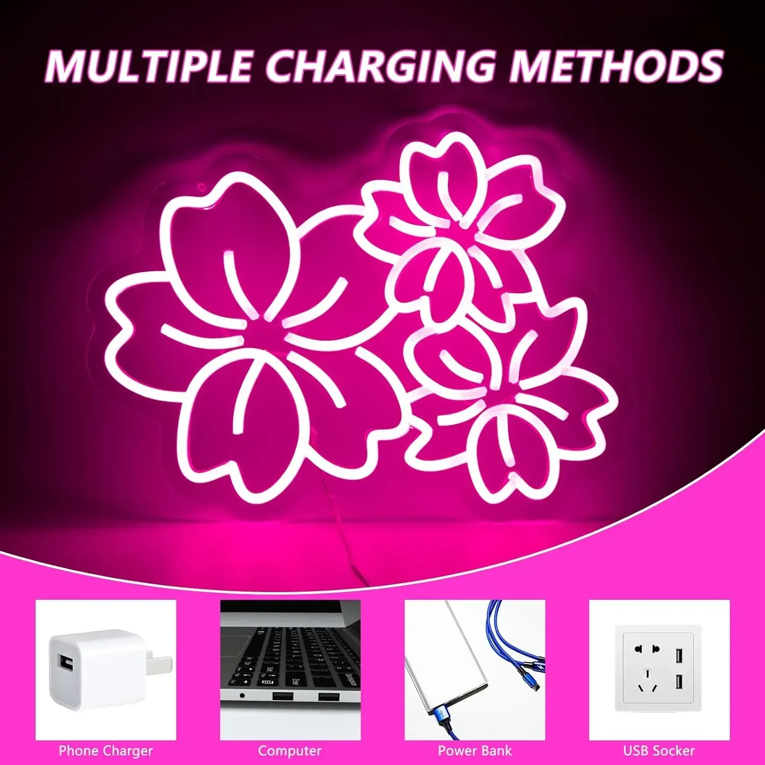 Cherry Flower Neon Sign LED Neon Light Sign Dimmable USB Powered for Beautiful Door Home Wall Drawing Room Decor Birthday Gifts
