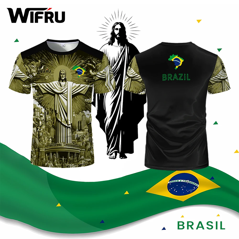 

Jesus Christ Printed Brazil Football T-shirt WIFRU Outdoor Sports Breathable Jersey Men's Lightweight Quick-dry Short Sleeve Tee