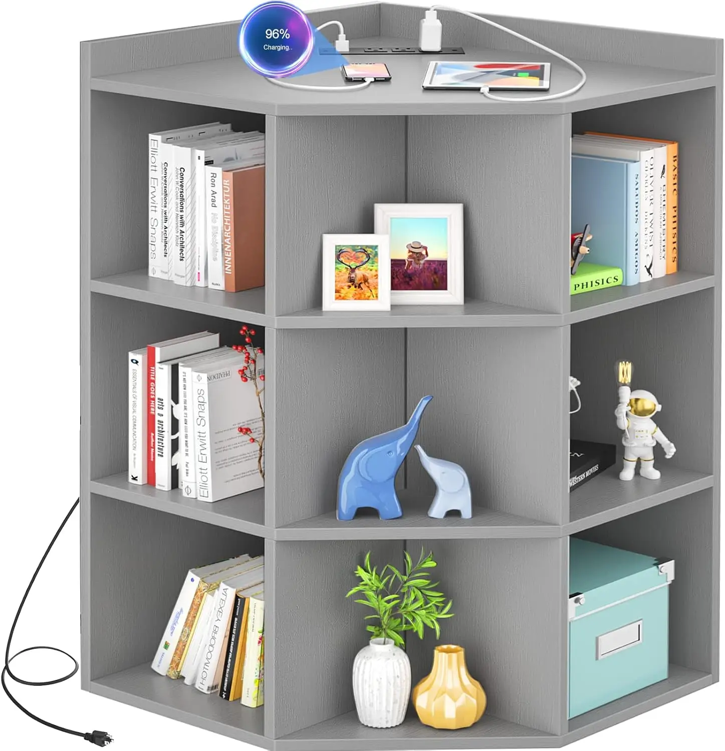 

Corner Storage with USB Ports and Outlets, Corner Cube Toy Storage for Small Space, Wooden Corner Cubby Bookshelf