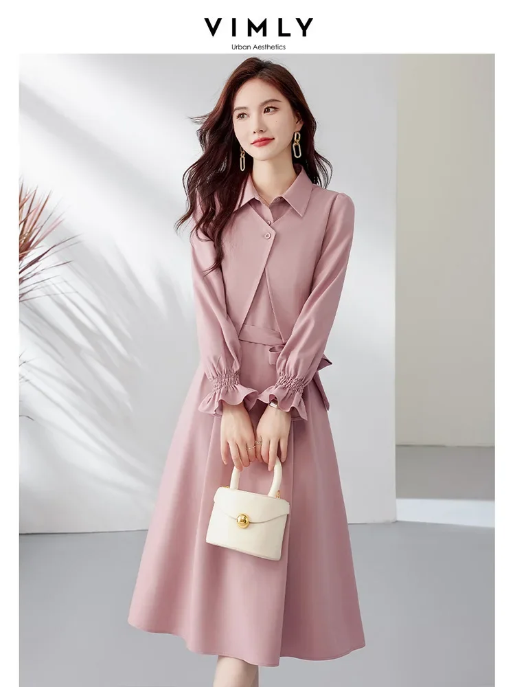 Vimly 2023 Early Autumn Elegant Shirt Dress for Women 2023 Fashion Collared Belted A-line Long Puff Sleeve Ladies Dresses M2592