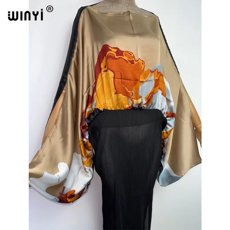 WINYI 2022 Europe Print color blocking caftan For Women Pleated Dress Design Loose Dress Maxi Long Femme Party Elegant Dress